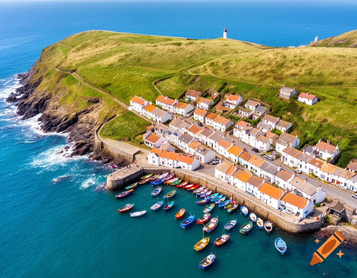An aerial view of a picturesque coastal village with white houses, a harbor full of colorful boats, and a lighthouse on a green hill.