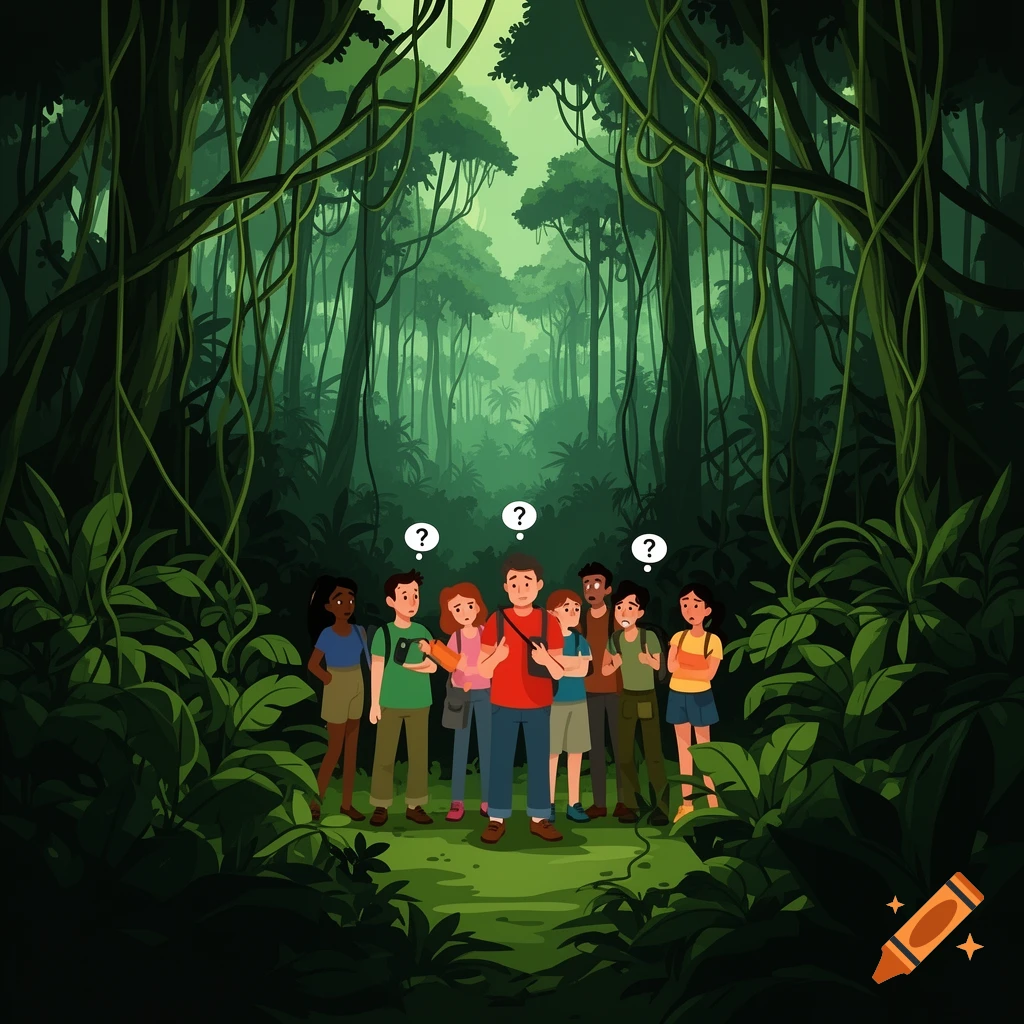Vector illustration of a diverse group of people, looking confused with question marks above their heads, standing in a dense, dark green jungle.