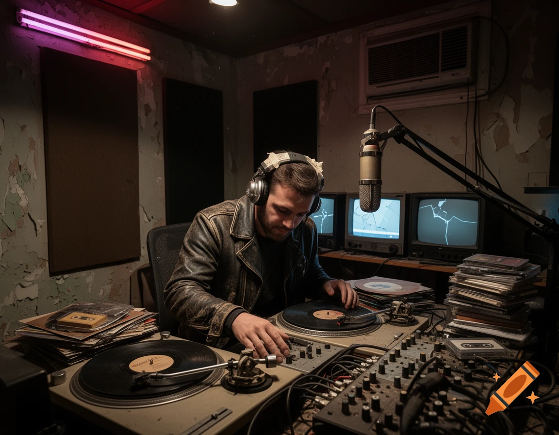A man wearing headphones operates turntables and mixing equipment in a grimy, run-down radio studio with cracked TV screens.
