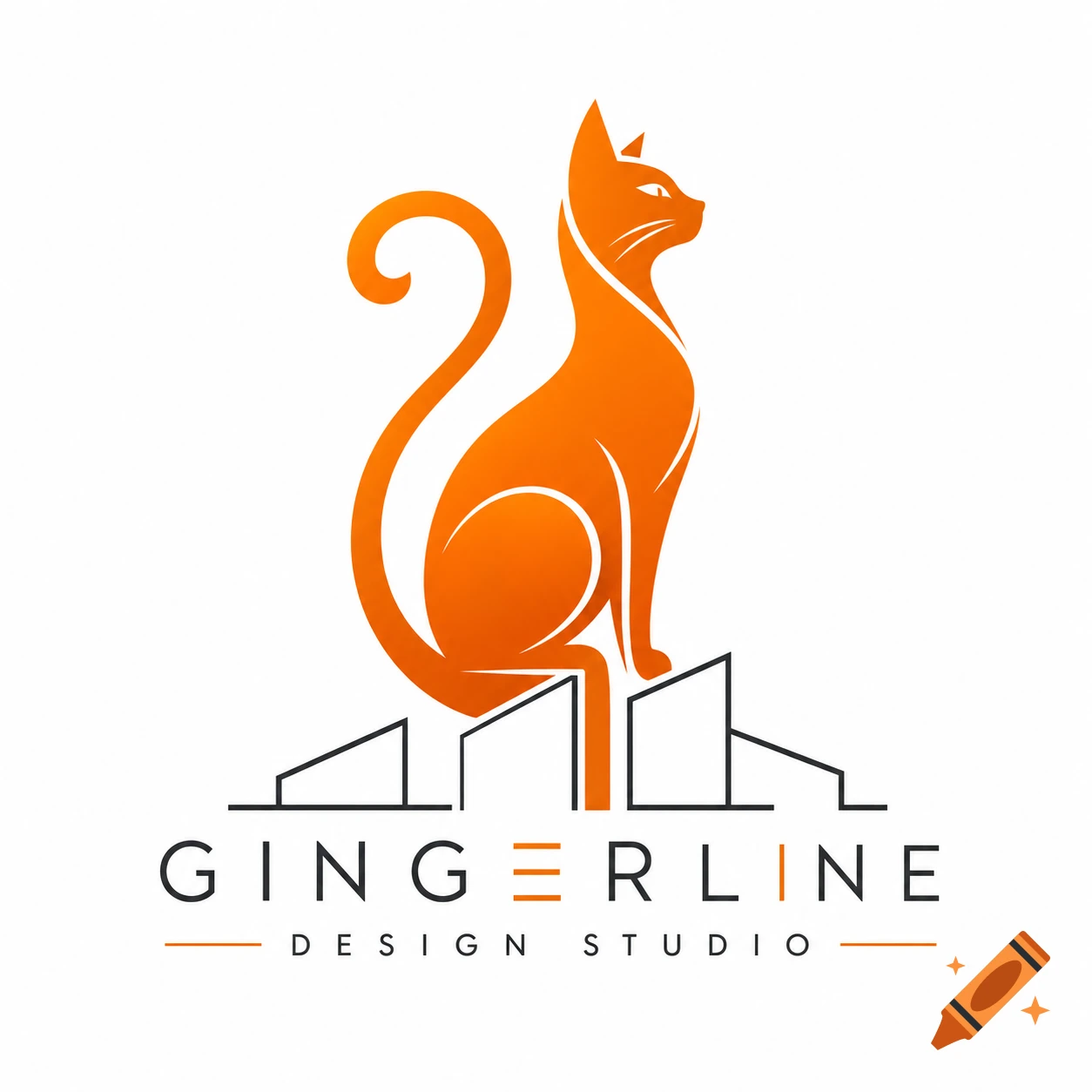 A stylized orange cat logo with an arched tail, sitting atop minimalist building outlines. Below, the text reads GINGERLINE DESIGN STUDIO.