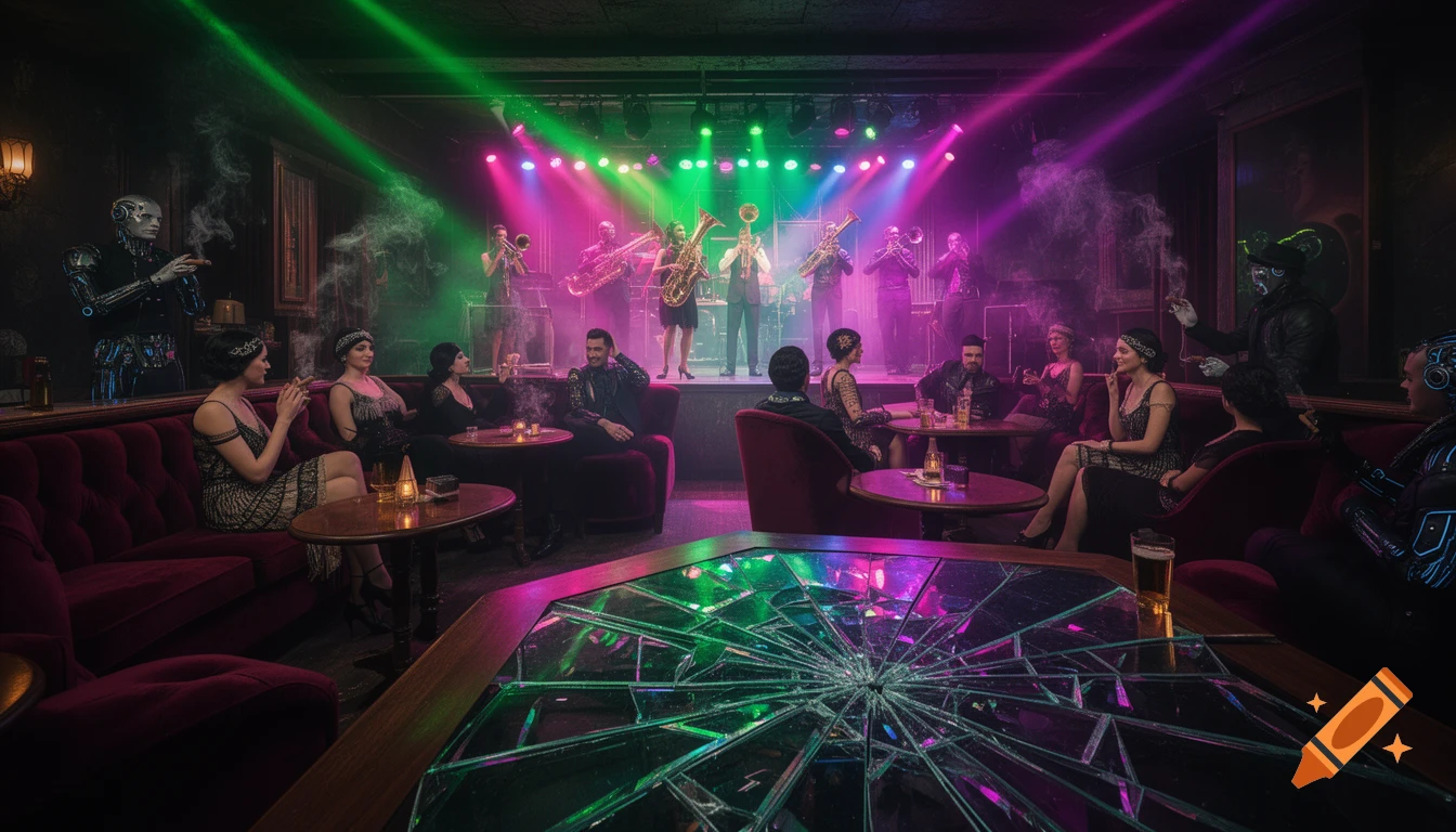 A vibrant cyber speakeasy with a jazz band on stage and patrons, viewed through a shattered glass table reflecting neon lights.