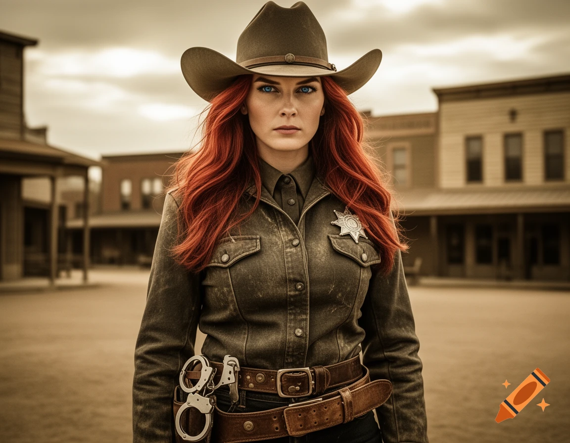 A photorealistic portrait of a serious red-haired woman sheriff wearing a cowboy hat, uniform, badge, and handcuffs in an Old West town.