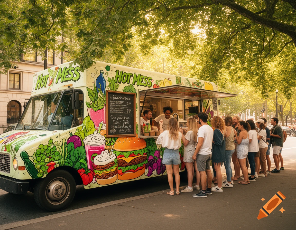 A vibrant "Hot Mess" food truck with colorful food graphics serves a line of customers on a sunny, tree-lined street.