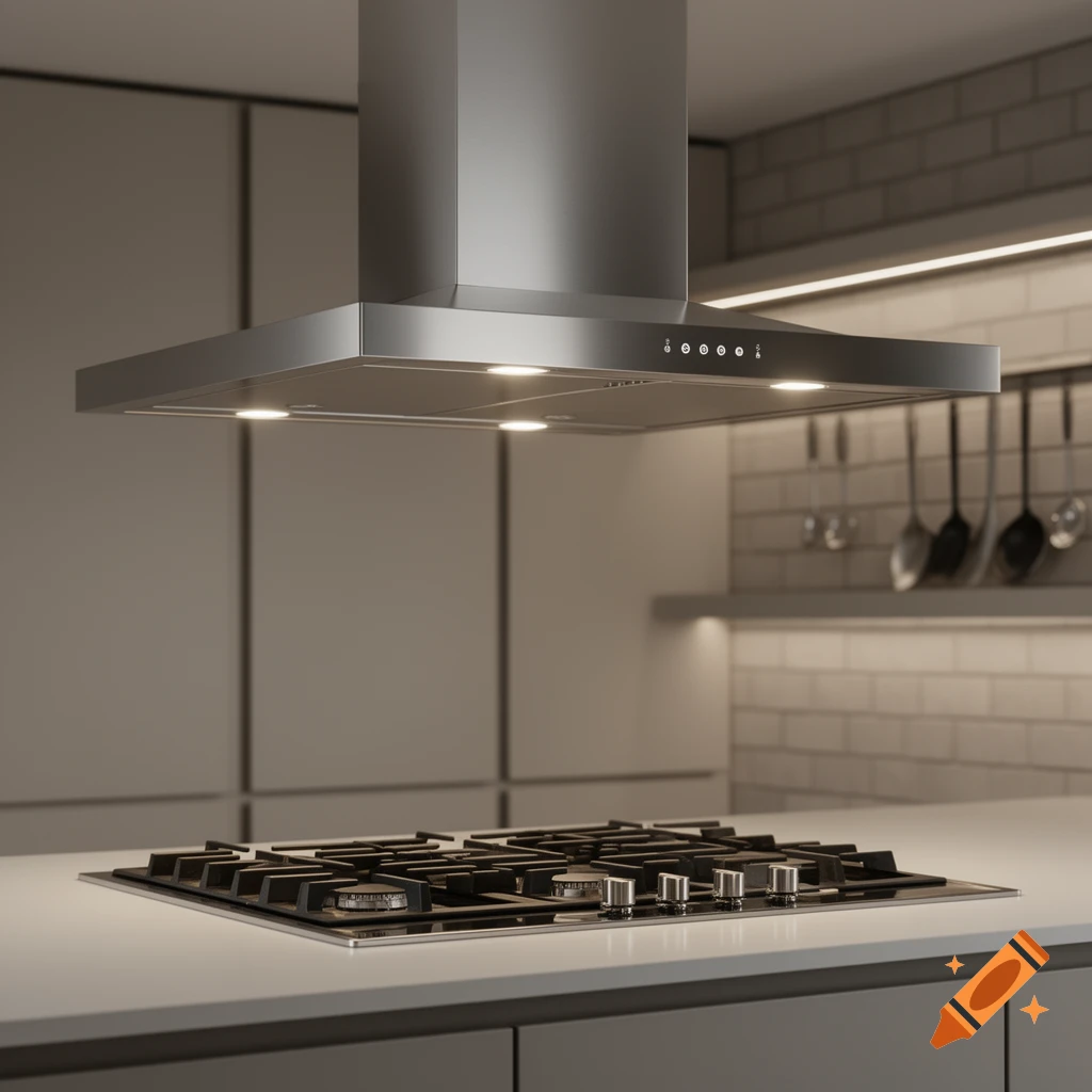 A modern stainless steel range hood above a gas cooktop in a well-lit kitchen.