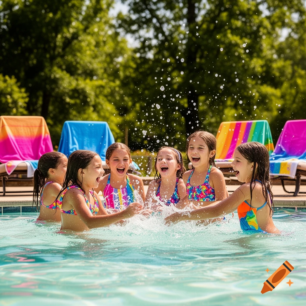 Several happy young girls in colorful swimsuits splash and laugh in a sunny outdoor swimming pool.