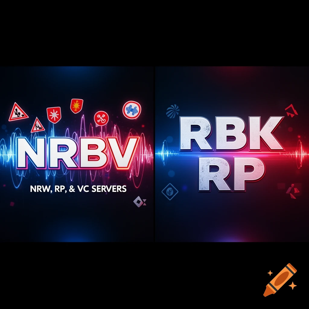 A split graphic design with glowing blue and red text. The left shows 'NRBV' and 'NRW, RP, & VC SERVERS' with icons. The right shows 'RBK RP'.