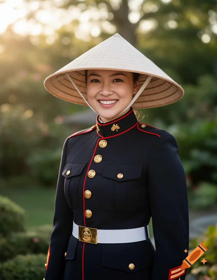 Photorealistic portrait of a smiling woman in a US Marine Corps dress uniform and a rice hat.