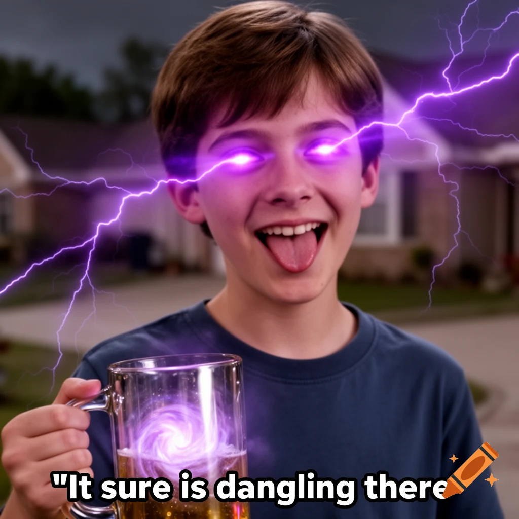 A young boy with glowing purple laser eyes and lightning, tongue out, holds a mug with a purple vortex. A caption reads "It sure is dangling there".