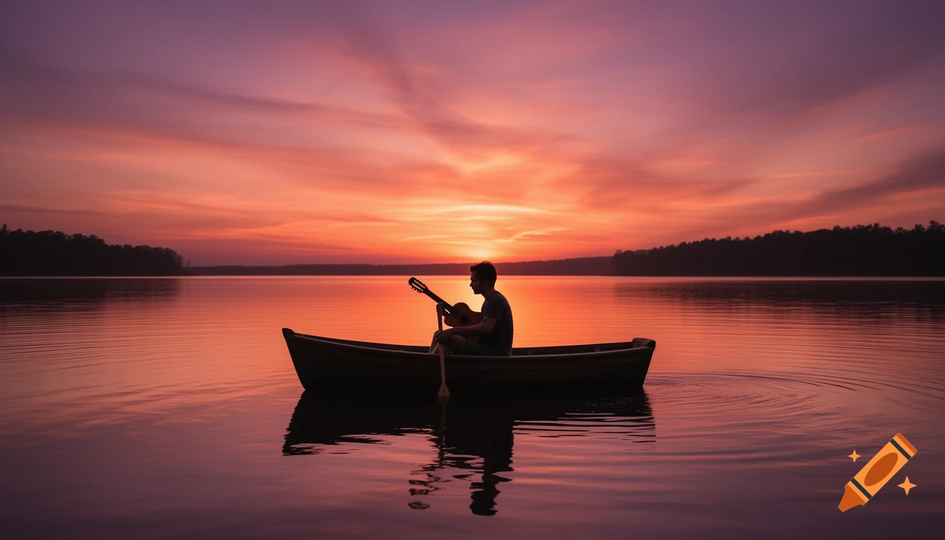 A man plays a guitar in a small boat on a calm lake, silhouetted against a vibrant orange and purple sunset sky.
