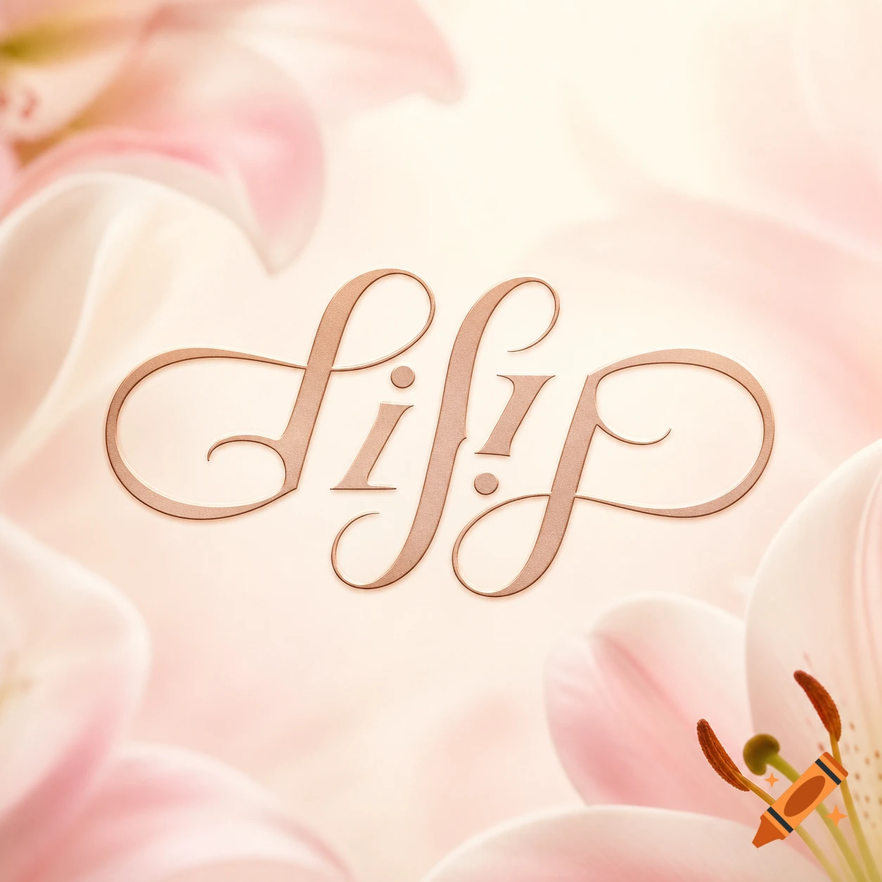 An elegant, symmetrical ambigram of the word "Lily" in metallic rose gold, set against a soft, blurred background of pink lily petals.