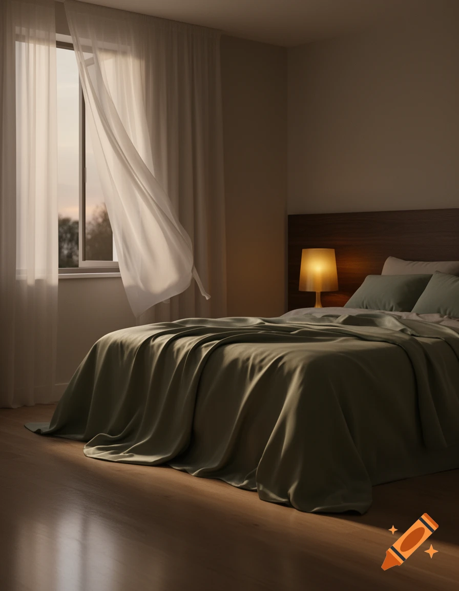 A dimly lit bedroom with a bed covered in dark green linen, a glowing bedside lamp, and white curtains blowing at a window.
