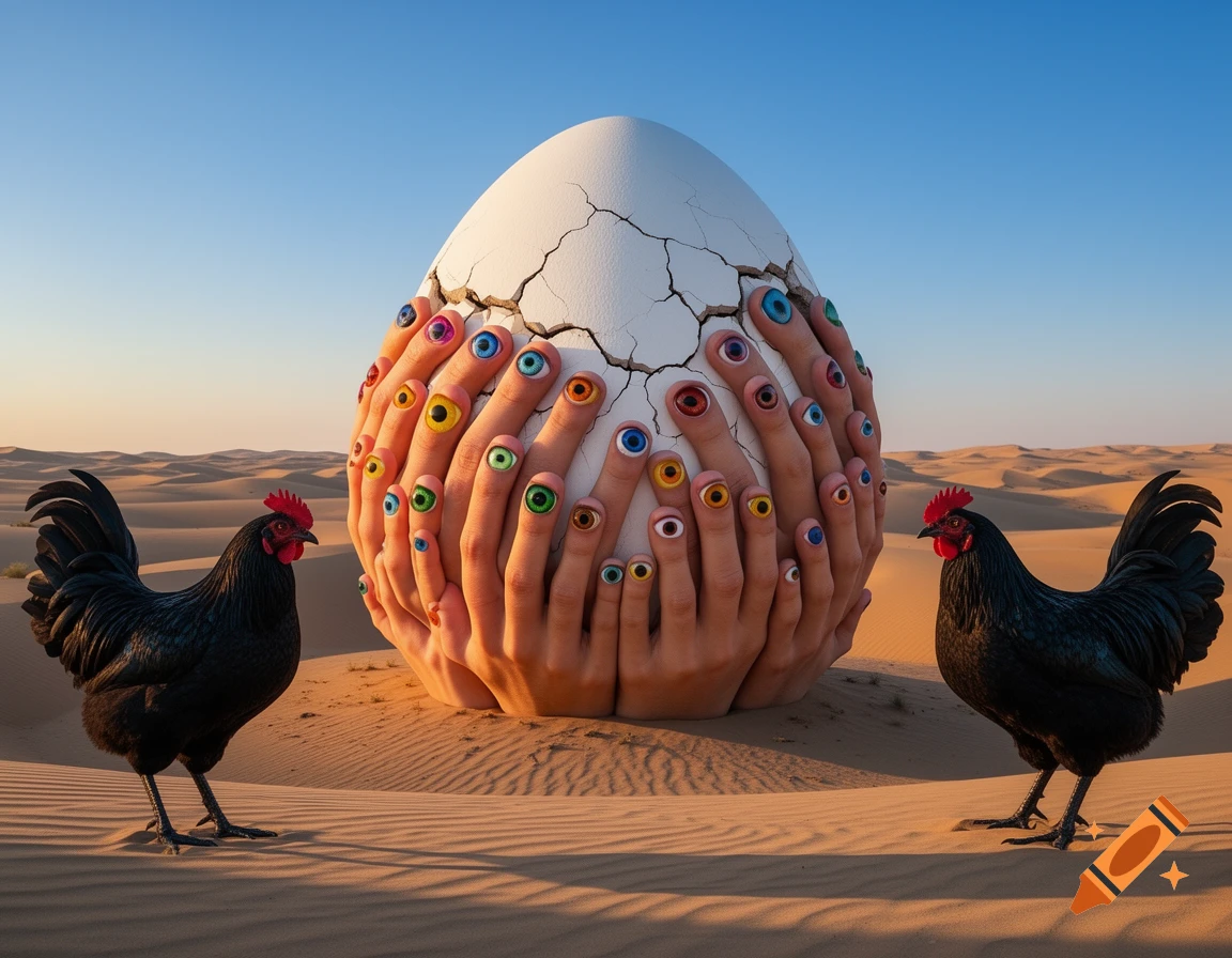 A surreal desert scene featuring two giant black roosters flanking a huge cracked egg covered in numerous human hands with colorful eyeballs on their fingertips.