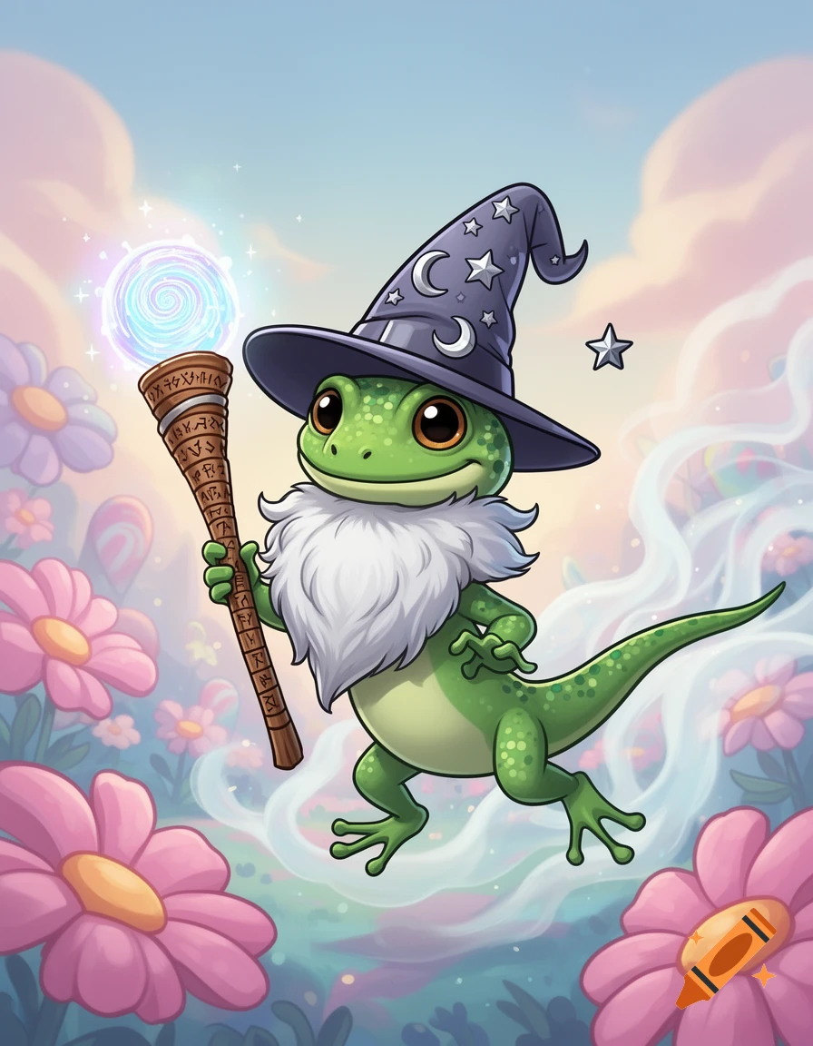A cute green cartoon gecko wizard with a pointy hat, white beard, and glowing staff stands among colorful flowers.