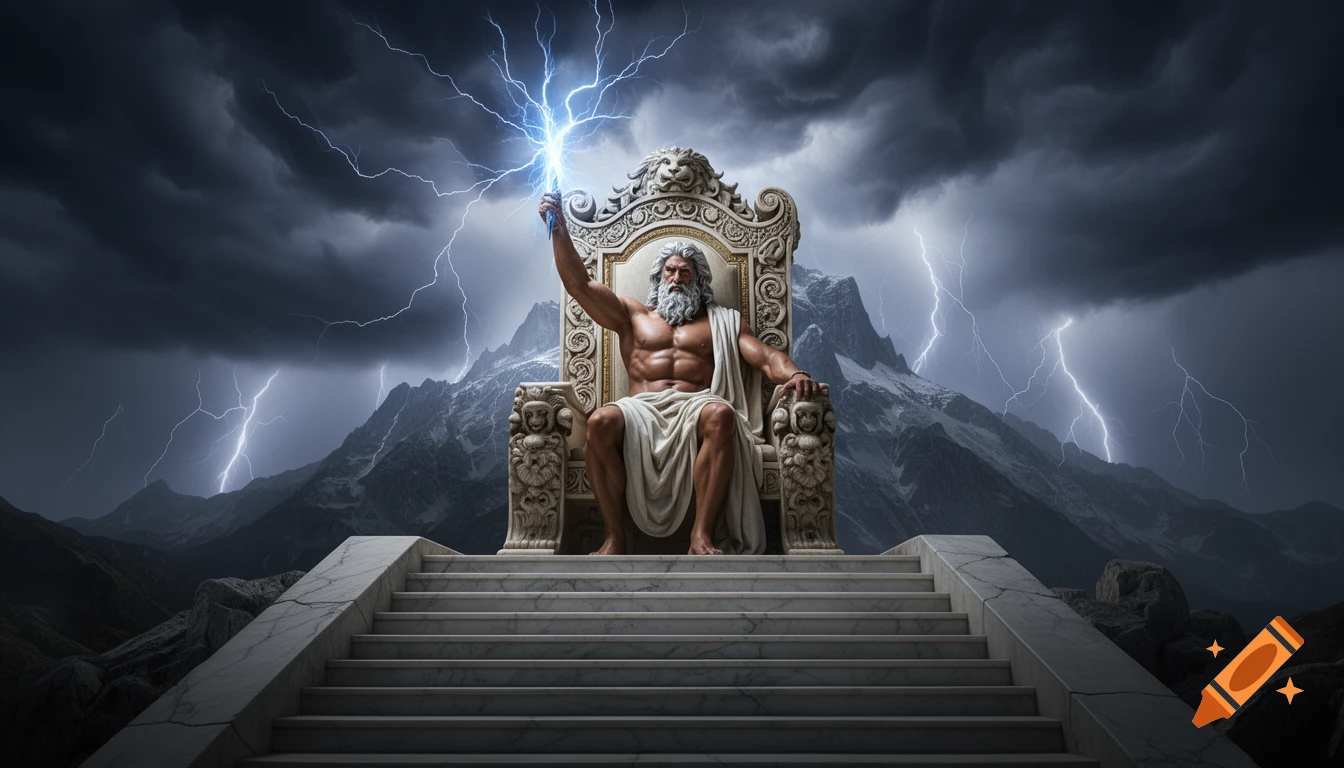 Realistic image of Zeus on a grand throne, holding a lightning bolt, against a stormy Mount Olympus background.