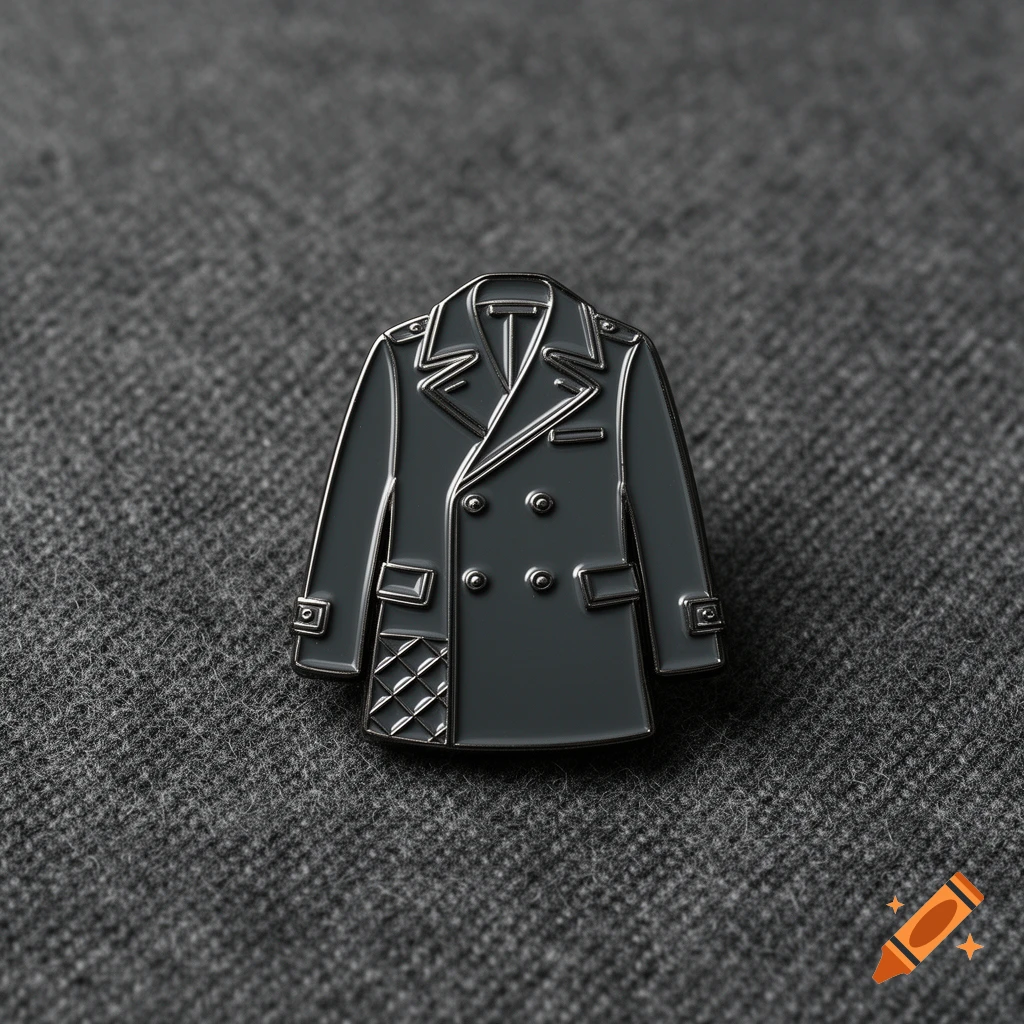 A dark charcoal grey enamel pin shaped like a peacoat with silver outlines and buttons, resting on a textured grey fabric background.