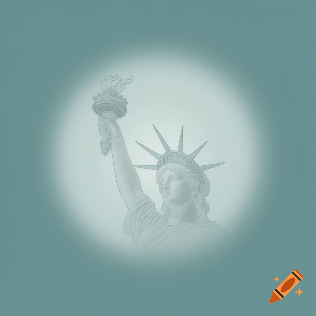 Traceout of the Statue of Liberty's head and torch, faded within a blurred circle on a teal background.