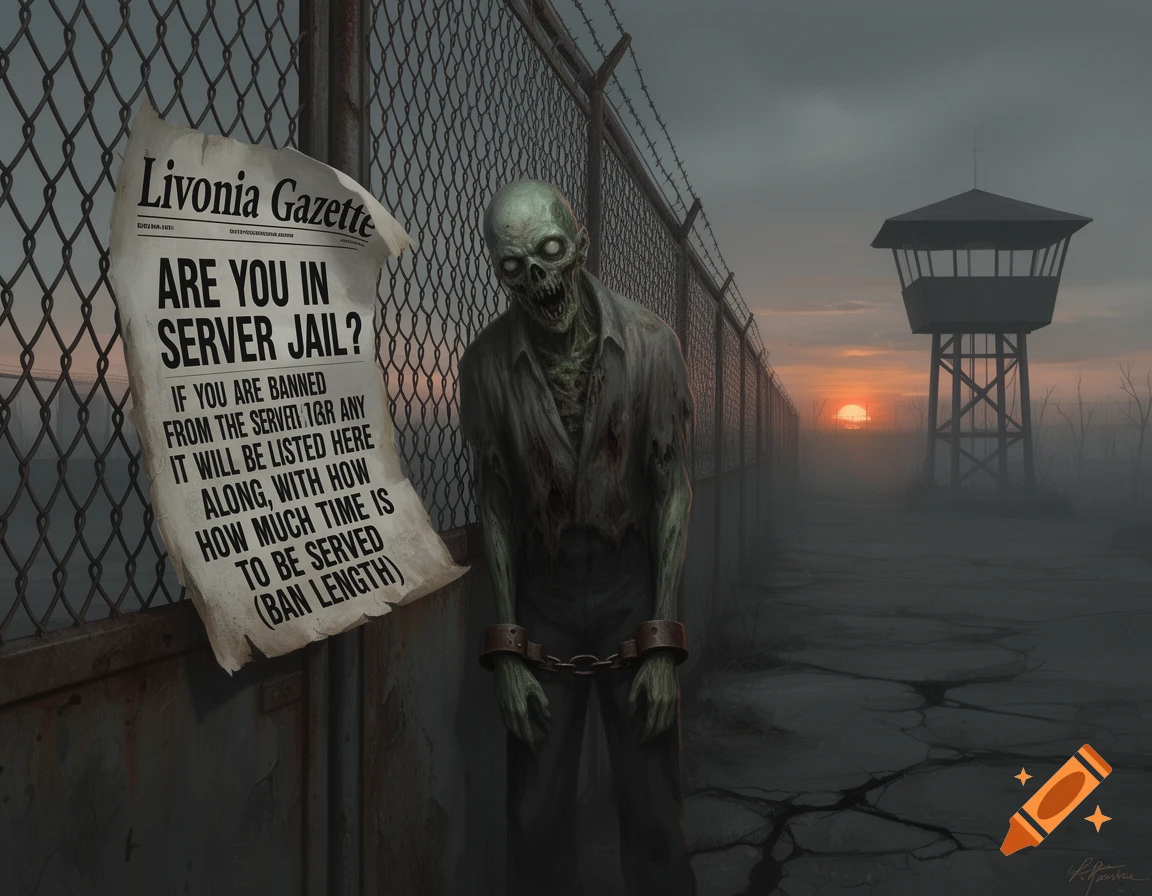 A zombie in handcuffs stands behind a barbed wire fence with a newspaper flyer about server bans. A watchtower and sunset are in the foggy background.