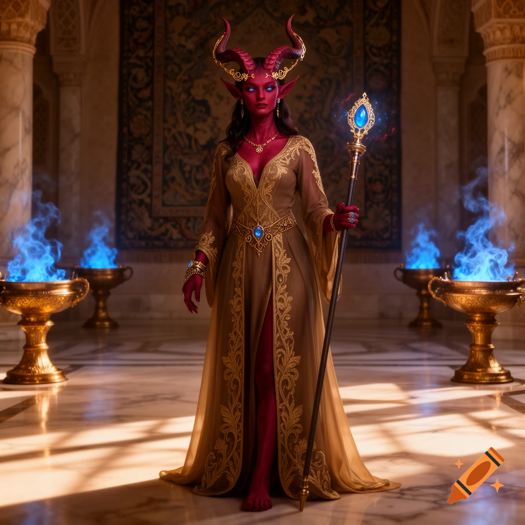 A red-skinned female tiefling in a golden dress, with horns and glowing blue eyes, holds a glowing staff in a grand hall with blue flames.
