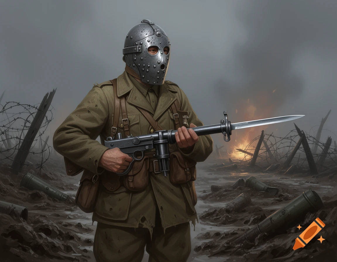 A soldier in a metal mask holds a tommy gun with a bayonet on a desolate, smoky battlefield with barbed wire.