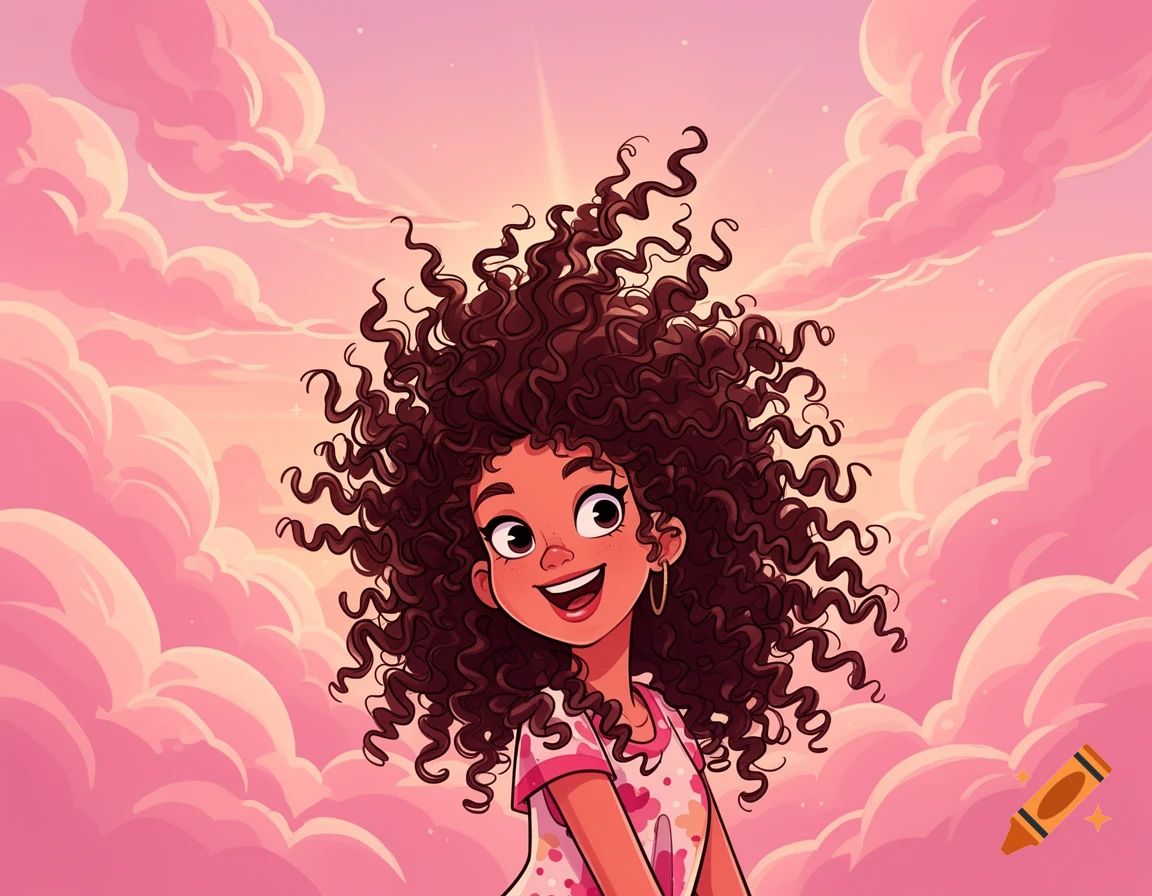 Cartoon girl with voluminous curly brown hair smiling, looking up at a pink and orange sky with fluffy pink clouds.