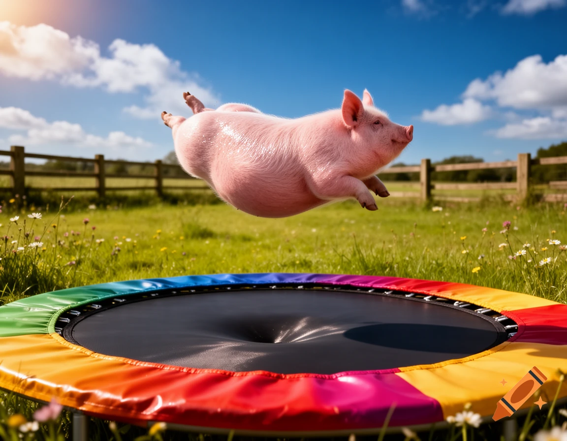 A pink pig is captured mid-air, leaping above a colorful rainbow trampoline in a vibrant green field under a clear blue sky.