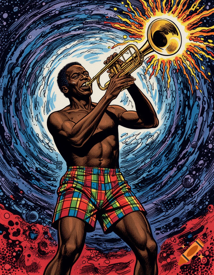A shirtless man in colorful plaid shorts plays a trumpet solo, with cosmic energy emanating from the instrument, in a vibrant Jack Kirby comic art style.