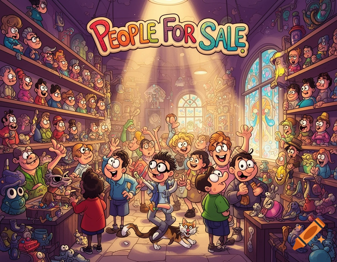 A whimsical, colorful cartoon illustration of a busy shop filled with various small cartoon people, some on shelves, under a sign reading 'PEOPLE FOR SALE'.