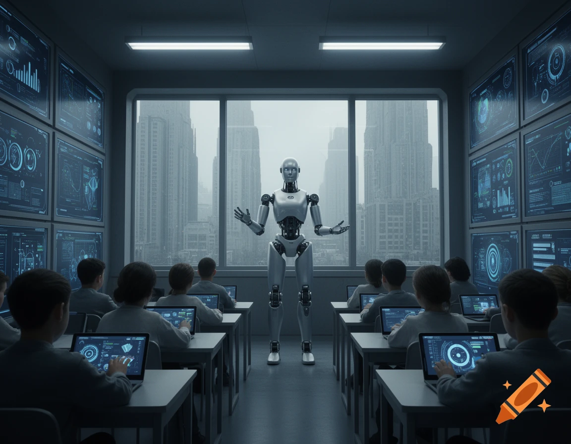 A humanoid robot teaches a classroom of students working on laptops, with multiple data screens on the walls and a dystopian cityscape visible through the window.