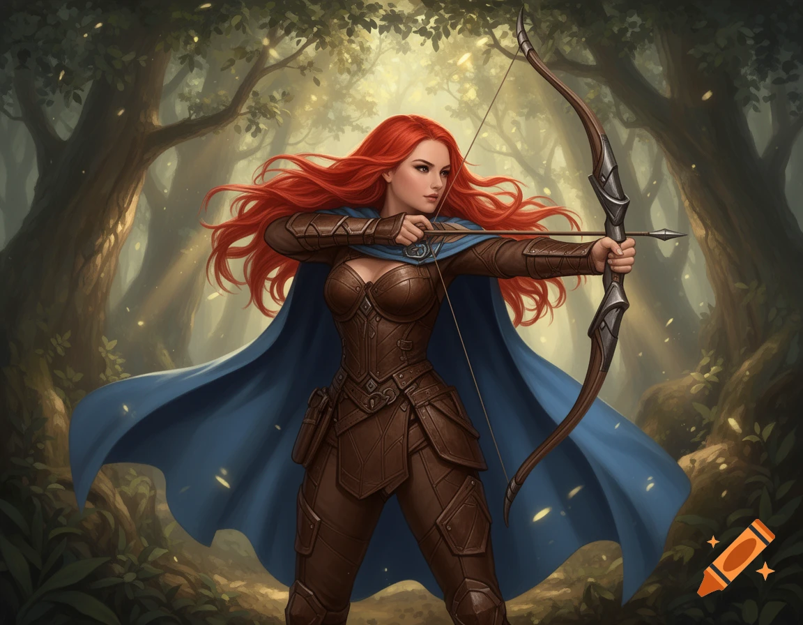 A beautiful fantasy archer with long red hair and a blue cape, holding a bow in a sunlit forest.