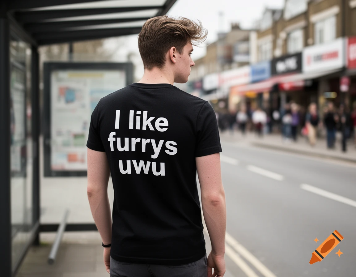 A young man walks away from a bus stop, wearing a black t-shirt that says "I like furrys uwu" on the back, on a city street.