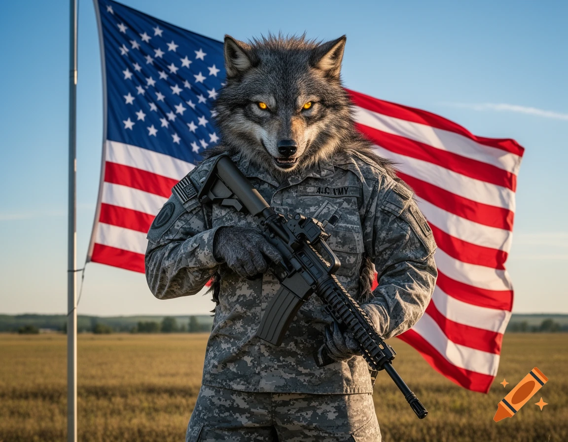 A photorealistic werewolf soldier in ACU camo holds an AR-15 rifle, standing in a field before a waving American flag.