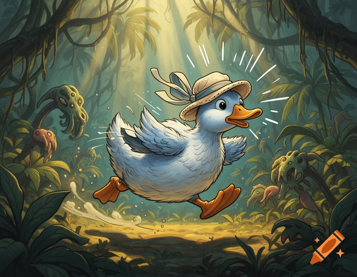 A startled cartoon duck in a bonnet runs through a lush jungle filled with strange, menacing plants in an illustrative style.