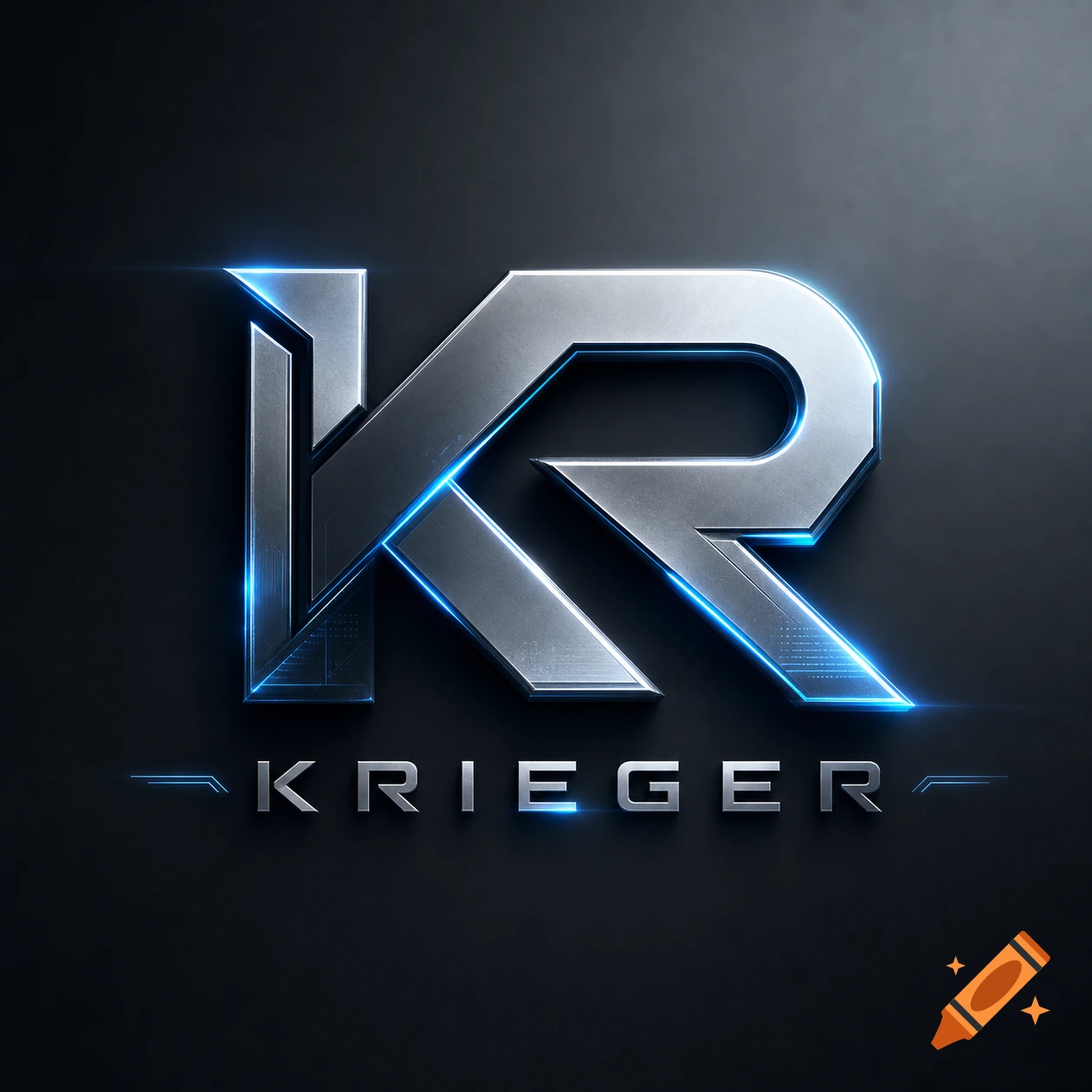 Metallic 'KR' logo with blue glowing edges above the word 'KRIEGER' on a dark gray background.
