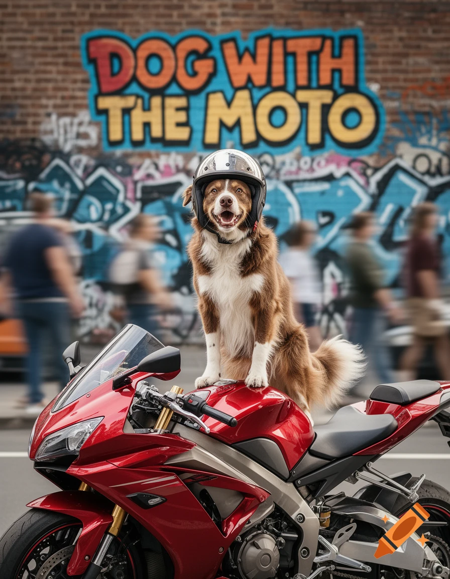A happy dog wearing a helmet sits on a red motorcycle, with 'DOG WITH THE MOTO' graffiti on the wall.