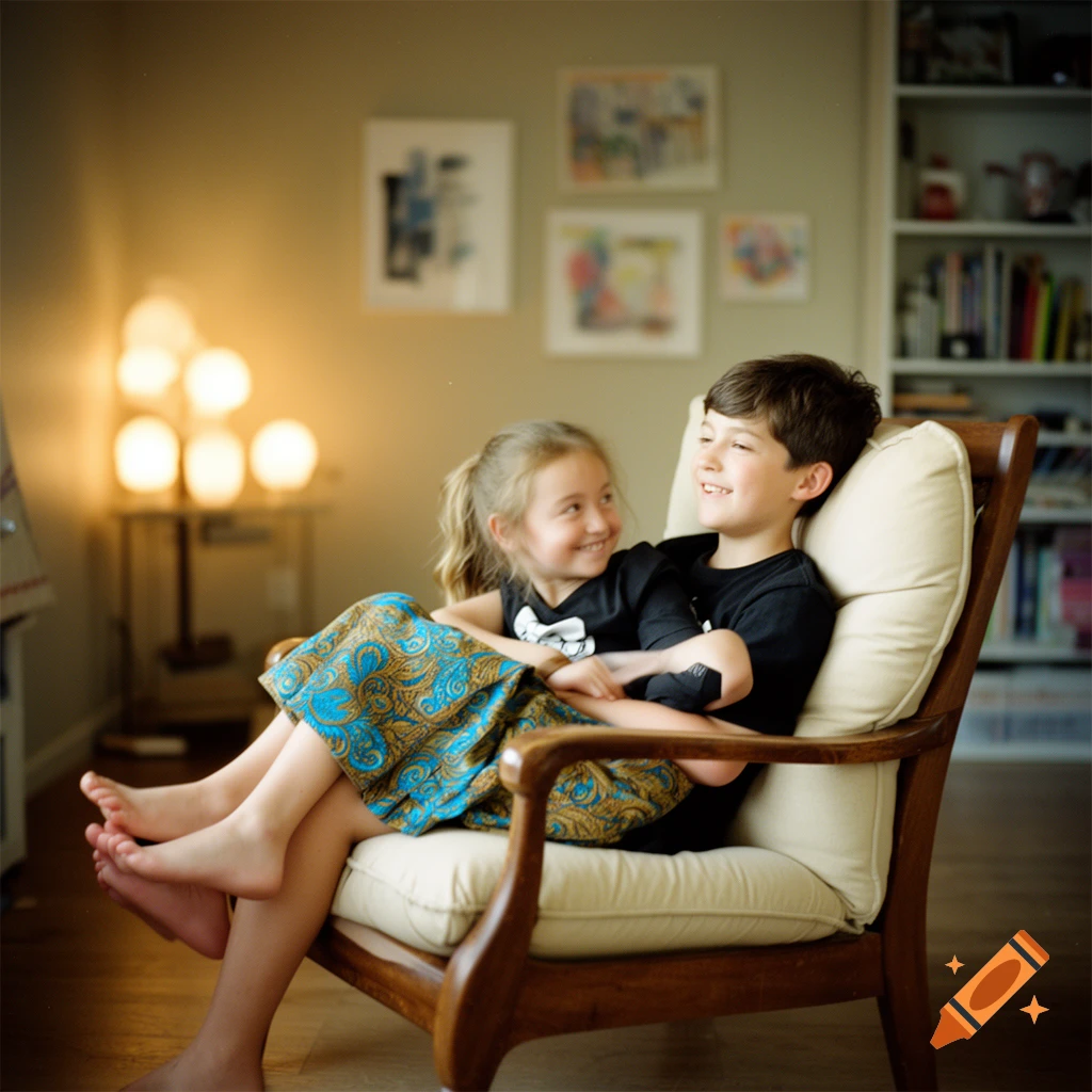 A smiling girl sits on a boy's lap in a chair in a warmly lit room.