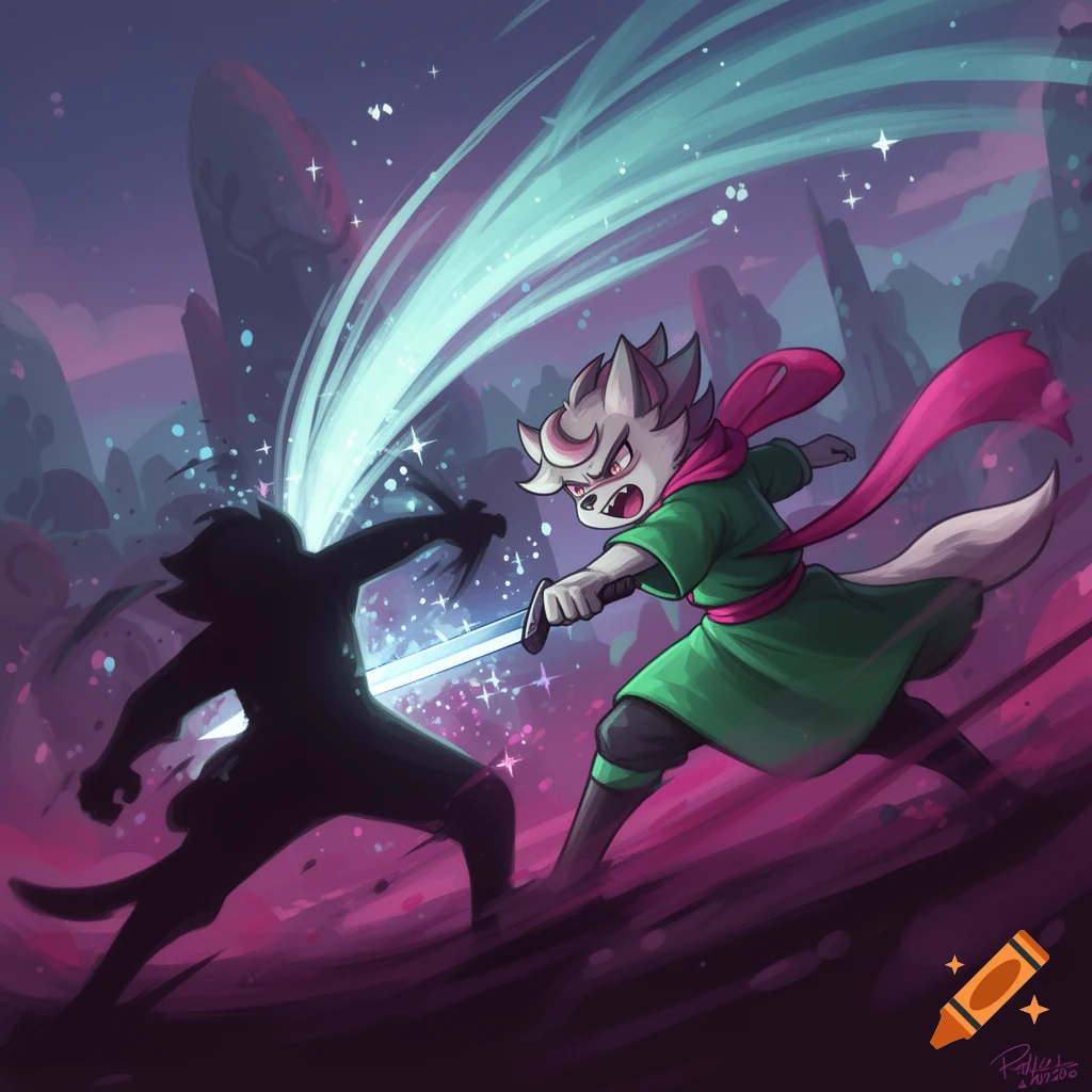 A cartoon wolf-like character with a glowing sword attacks a shadowy figure in a vibrant fantasy landscape.
