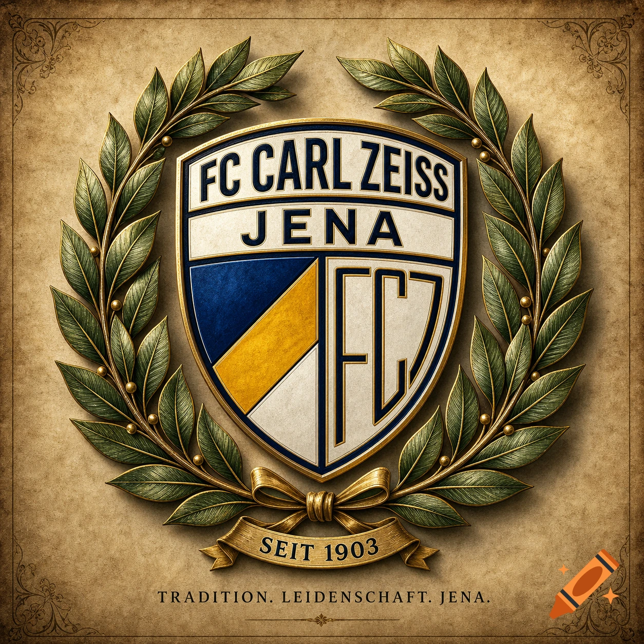 An antique-style gold and blue FC Carl Zeiss Jena football club emblem surrounded by a green laurel wreath on a textured background.