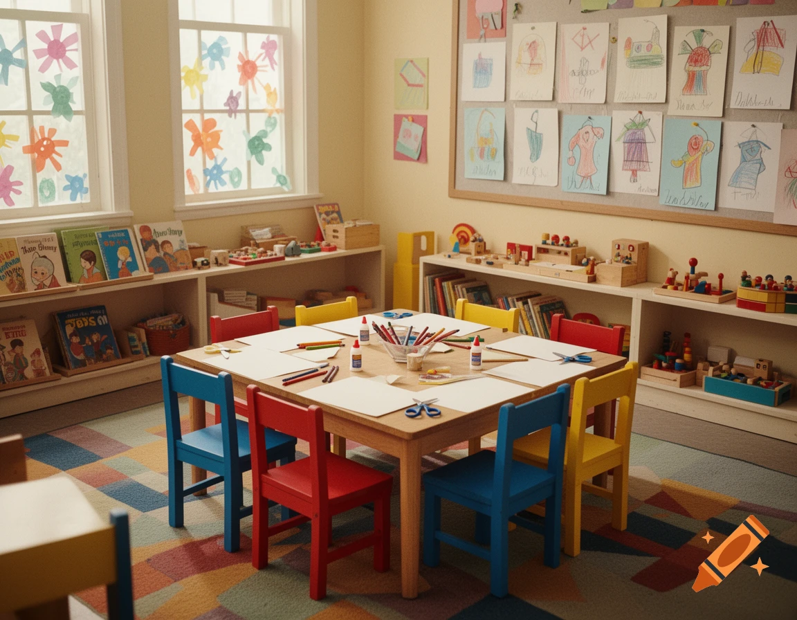 A bright, colorful kindergarten classroom with small wooden tables and chairs, shelves of books and toys, and children's drawings on the walls and windows.