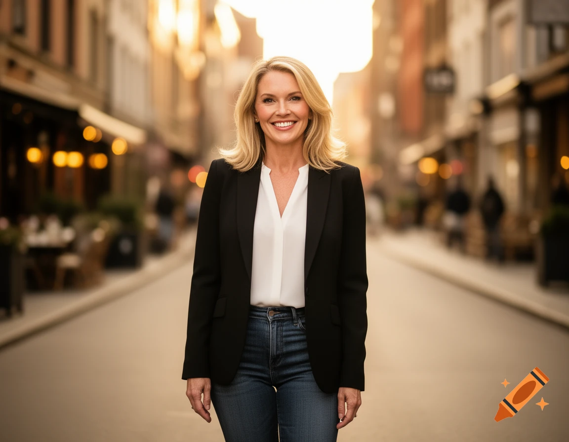 A smiling blonde woman in a white blouse, black blazer, and blue jeans stands in the middle of a blurred city street.