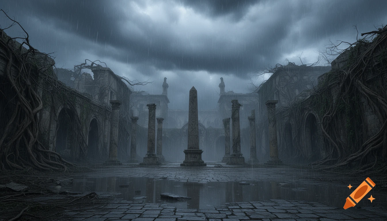 A dark, stormy scene of ancient ruins overgrown with vines and an obelisk standing in a rainy courtyard.