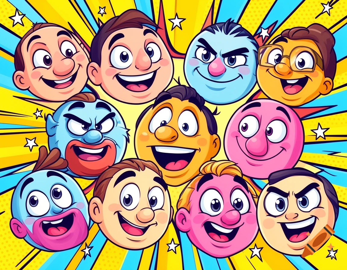 A vibrant collage of multiple stylized cartoon faces with varied expressions and colors, set against a yellow and blue comic book-style background with white stars.