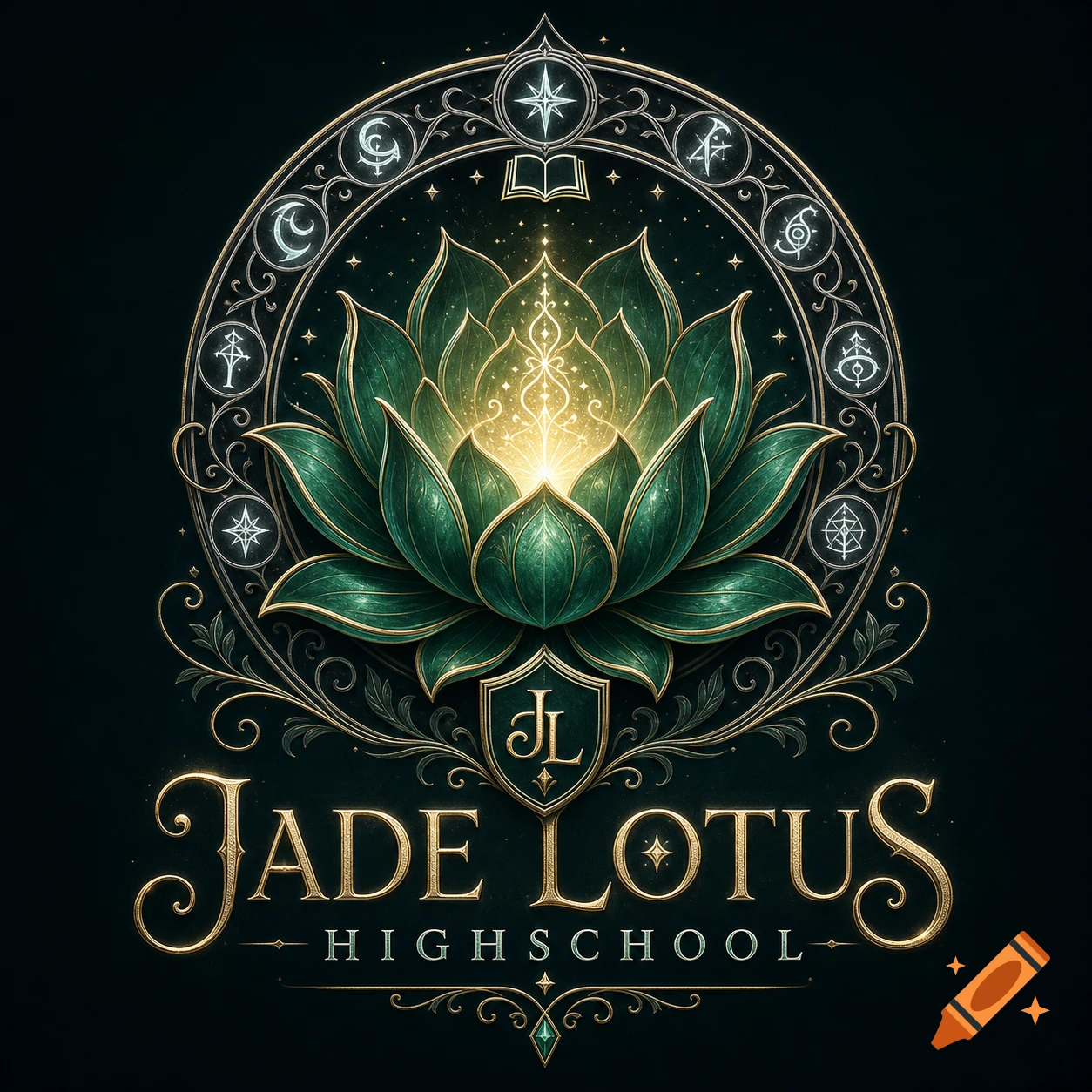 Ornate logo for Jade Lotus Highschool, with a glowing green lotus, magical symbols, and golden text on a dark background.