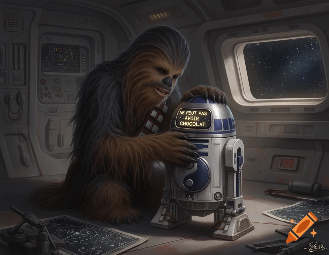 Chewbacca comforts R2-D2, which displays "NE PEUT PAS AVOIR CHOCOLAT" on its screen, inside a spaceship cockpit with a starry view.