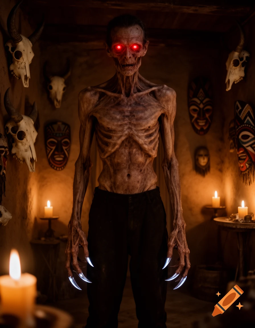 A gaunt, skeletal creature with glowing red eyes and sharp claws in a dark, candlelit room with skulls and tribal masks, horror style.