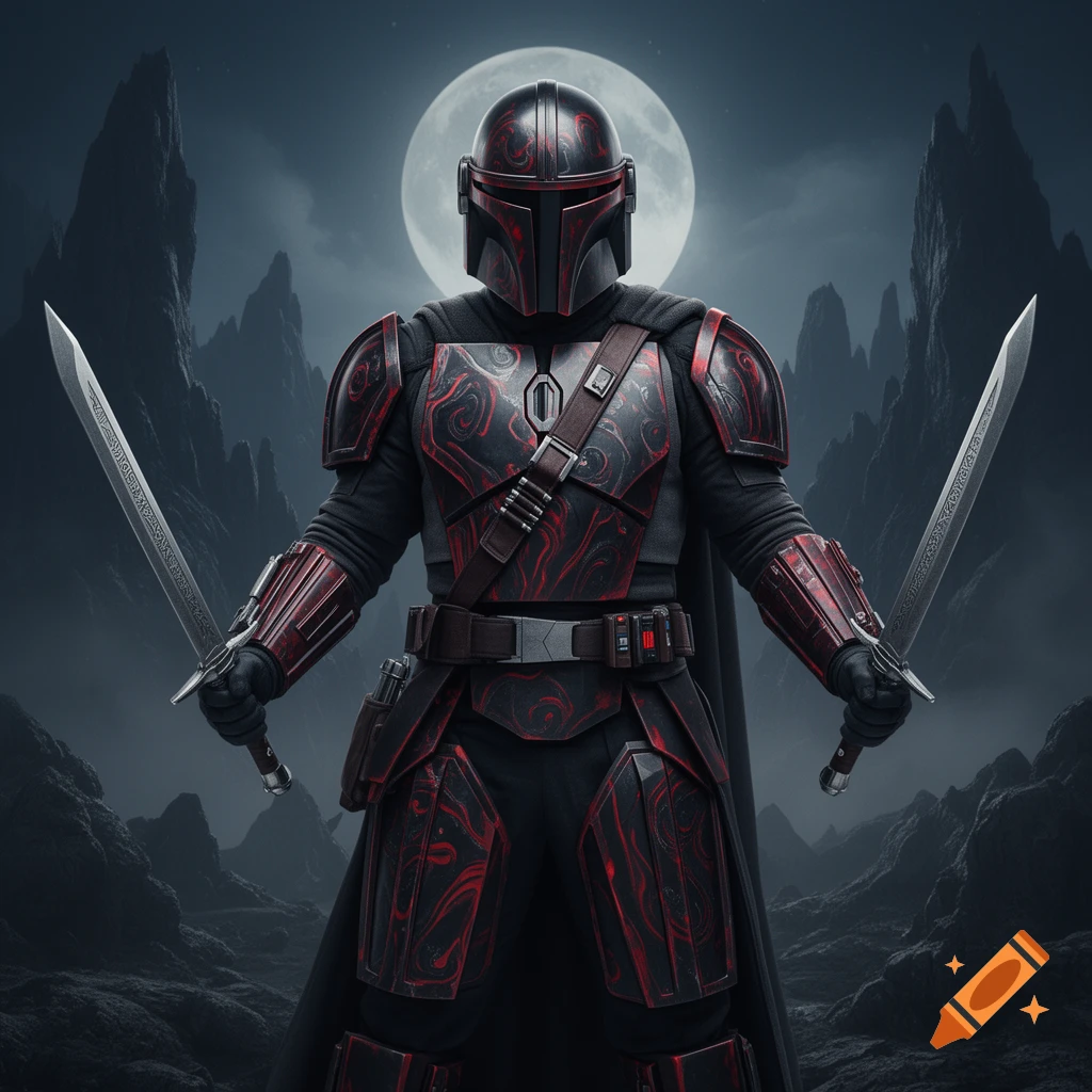 A character in dark red and black Mandalorian-style armor with two swords stands before a full moon and jagged mountains.