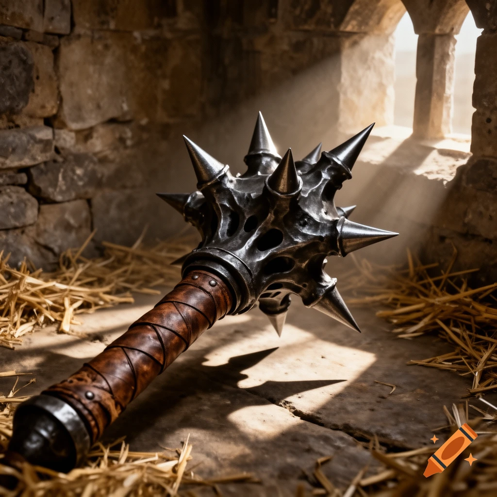 Photorealistic image of a spiked medieval mace with a leather-wrapped handle, lying on straw in a stone room with sunlight.