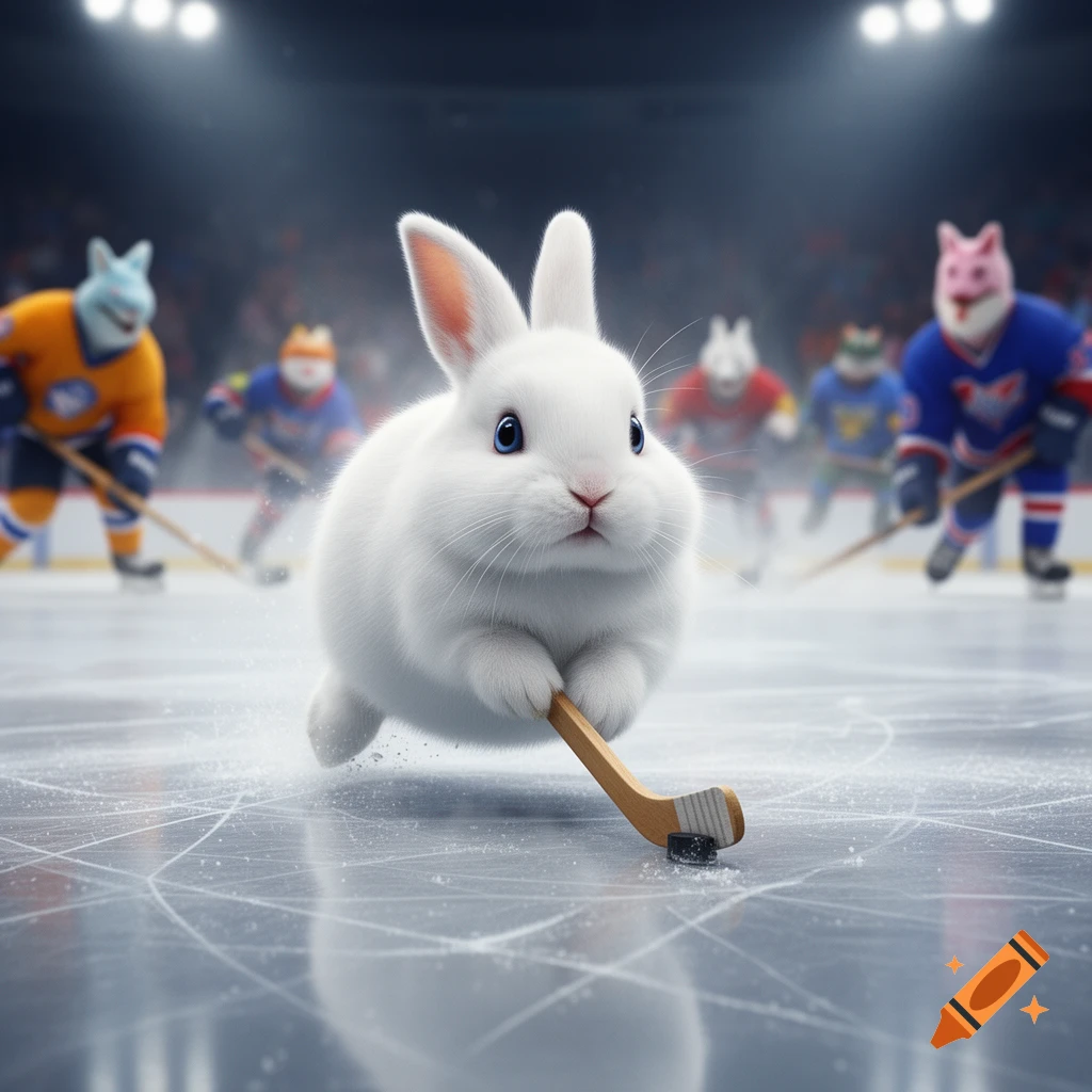 A plump white bunny with blue eyes plays hockey on an ice rink, holding a mini stick and puck, with blurred animal players in the background.