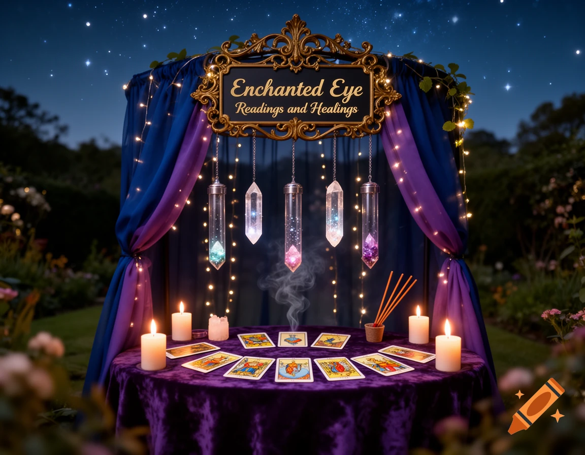 A mystical outdoor psychic booth at night featuring a purple velvet table, tarot cards, glowing crystals, candles, and a sign under a starry sky.
