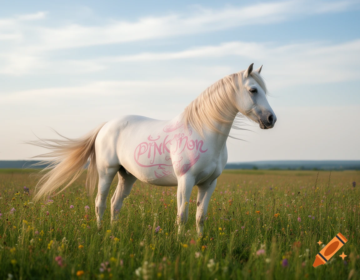 A white horse with 'Pink Mon' painted on its side stands in a vibrant wildflower field under a blue sky.