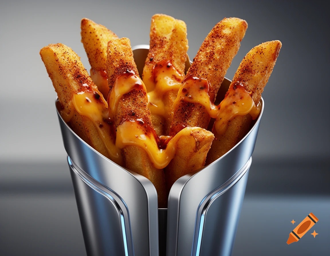 Photorealistic image of crispy french fries covered in melted cheese and spices, served in a futuristic metallic cone.